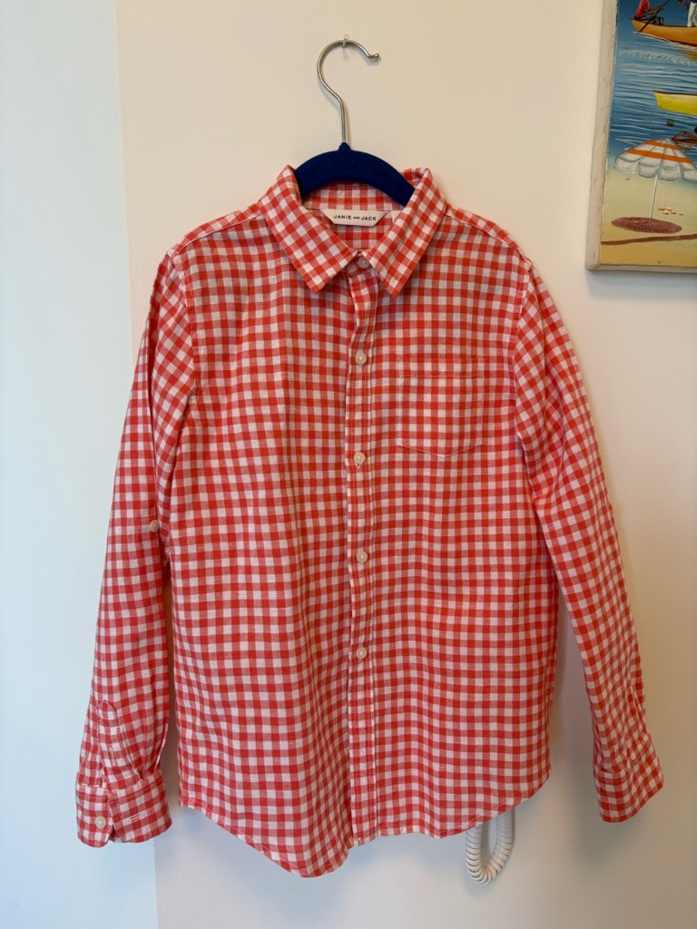 JANIE AND JACK Boys Gingham Button Down Long Sleeve Shirt Salmon/Pink Size 8